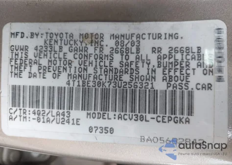 2003 Toyota Camry Xle из США, поврежденный, VIN 4T1BE30K73U256321